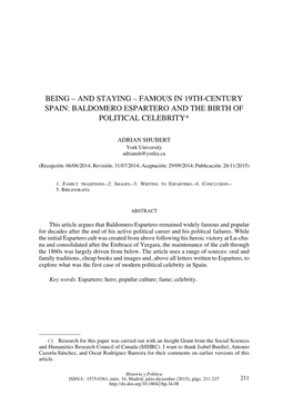 And Staying – Famous in 19Th-Century Spain: Baldomero Espartero and the Birth of Political Celebrity*