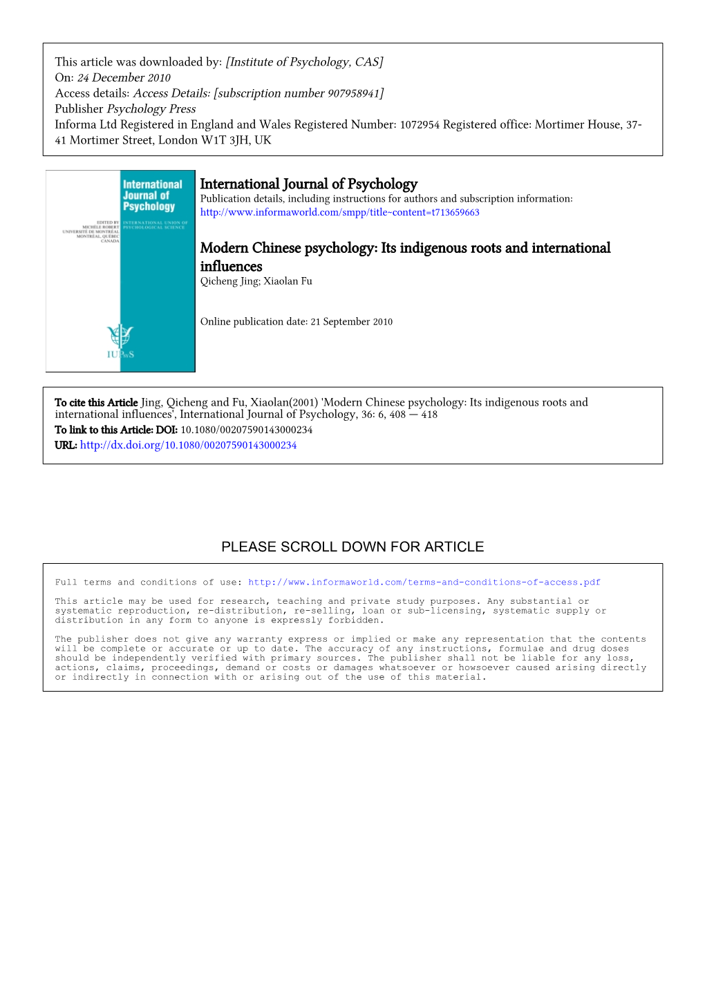 International Journal of Psychology Modern Chinese Psychology: Its