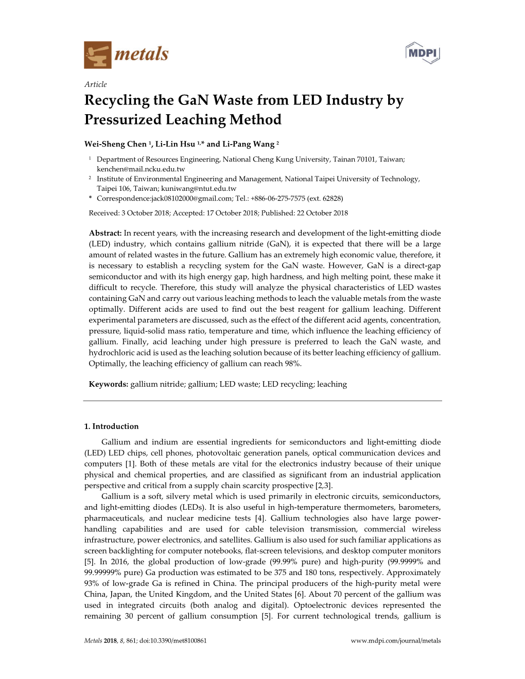 Recycling the Gan Waste from LED Industry by Pressurized Leaching Method