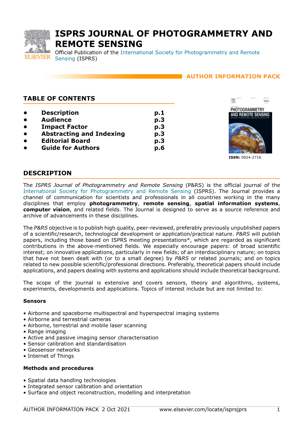 ISPRS JOURNAL of PHOTOGRAMMETRY and REMOTE SENSING Official Publication of the International Society for Photogrammetry and Remote Sensing (ISPRS)