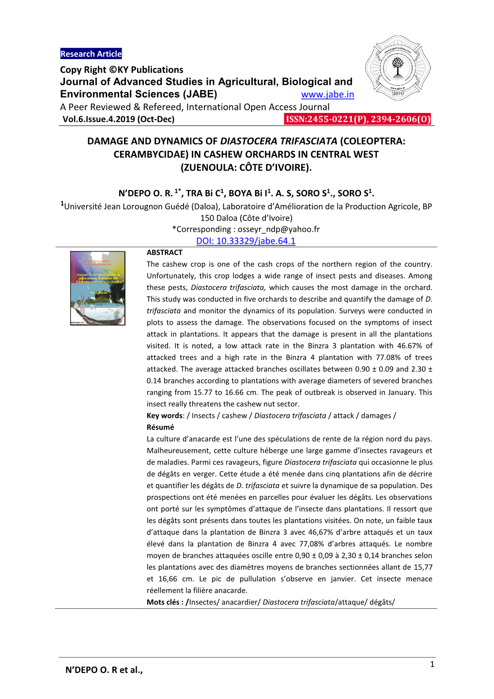 Damage and Dynamics of Diastocera Trifasciata (Coleoptera: Cerambycidae) in Cashew Orchards in Central West (Zuenoula: Côte D’Ivoire)