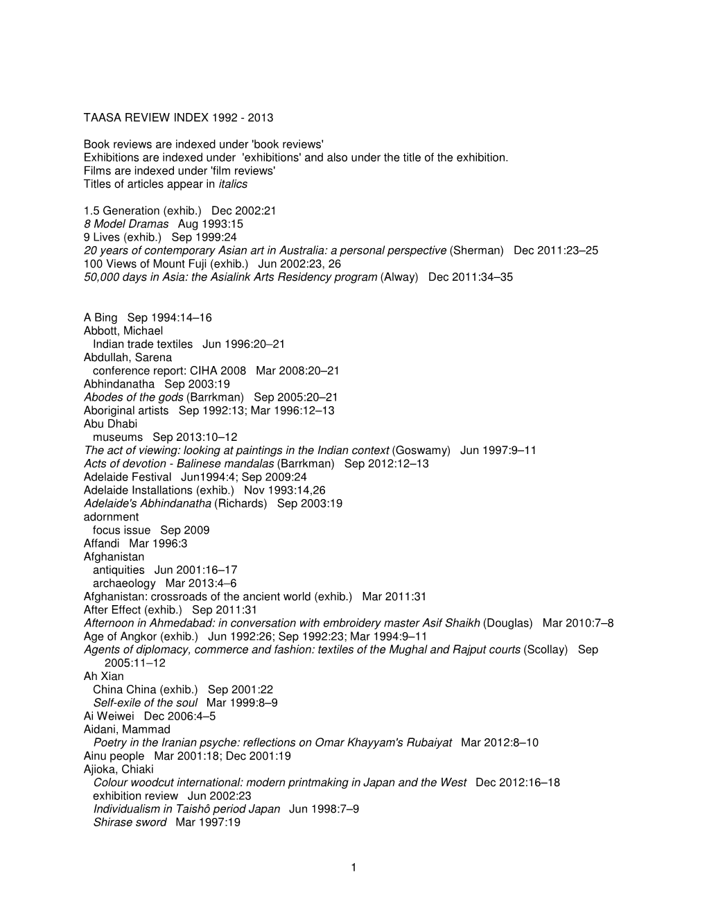 Taasa Review Index 1992 - 2013