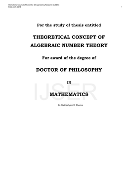 For the Study of Thesis Entitled THEORETICAL CONCEPT OF