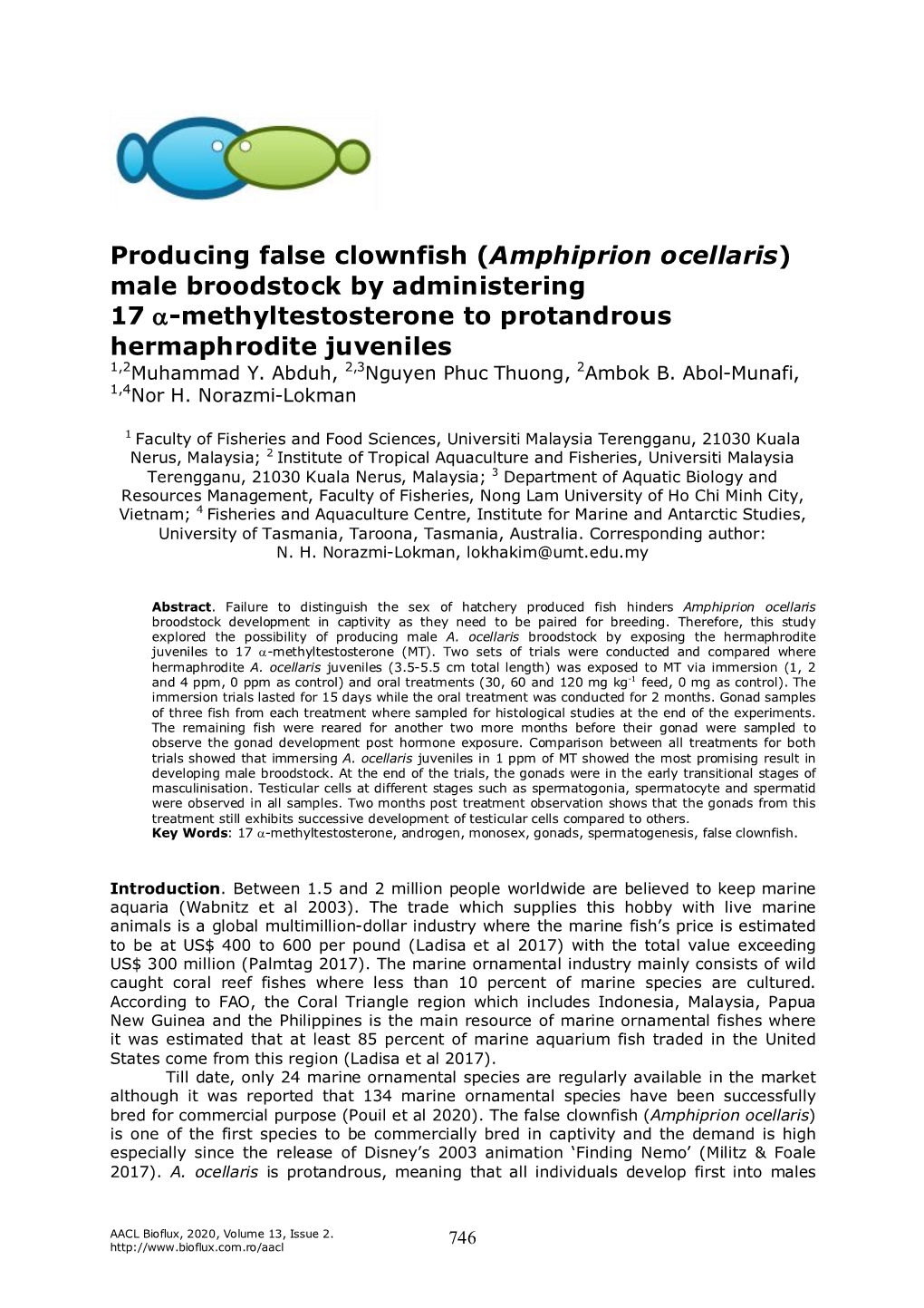 (Amphiprion Ocellaris) Male Broodstock by Administering 17 Α