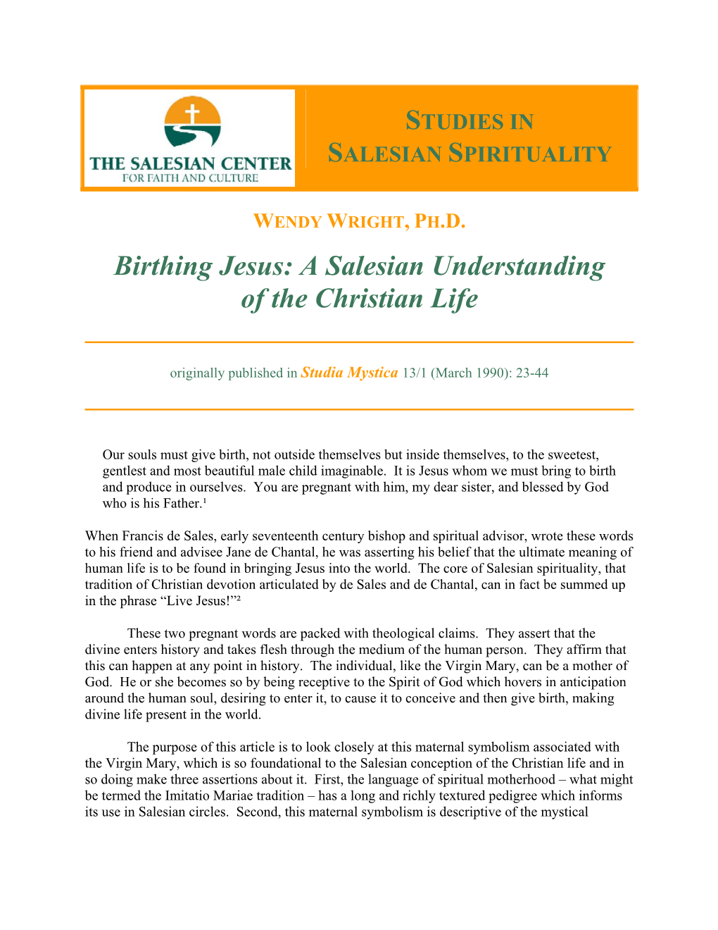 Birthing Jesus: a Salesian Understanding of the Christian Life