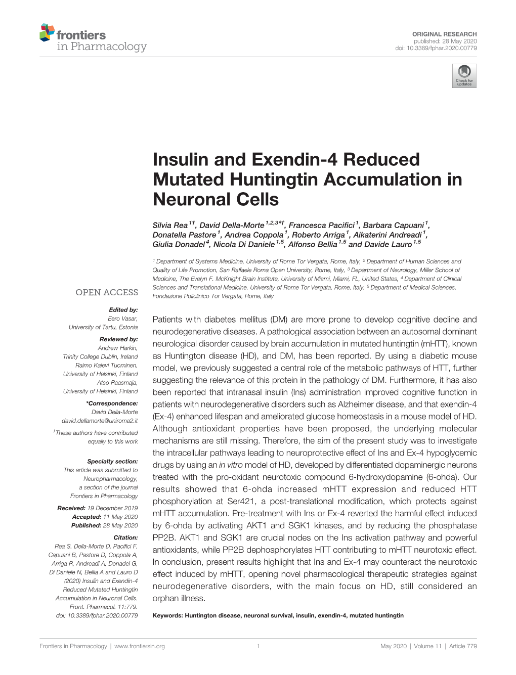 Insulin and Exendin-4 Reduced Mutated Huntingtin Accumulation in Neuronal Cells