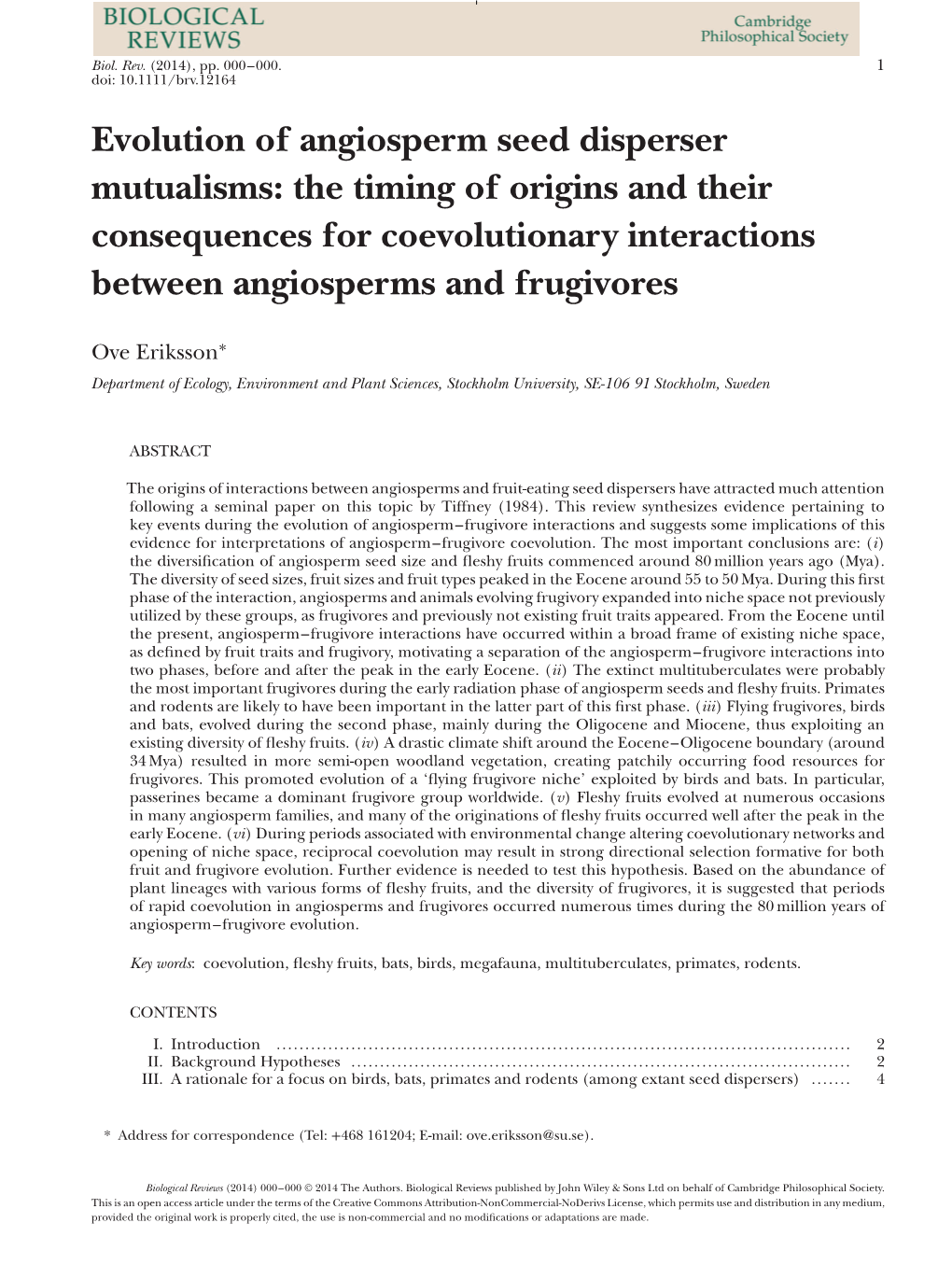 Evolution of Angiosperm Seed Disperser Mutualisms: the Timing of Origins and Their Consequences for Coevolutionary Interactions Between Angiosperms and Frugivores