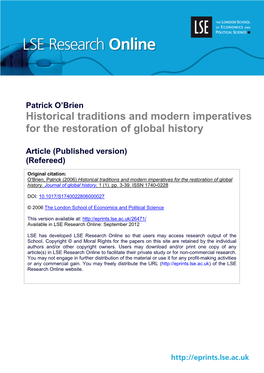 Historical Traditions and Modern Imperatives for the Restoration of Global History