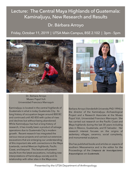 Lecture: the Central Maya Highlands of Guatemala: Kaminaljuyu, New Research and Results