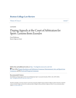 Doping Appeals at the Court of Arbitration for Sport: Lessons from Essendon David Mahoney Boston College Law School
