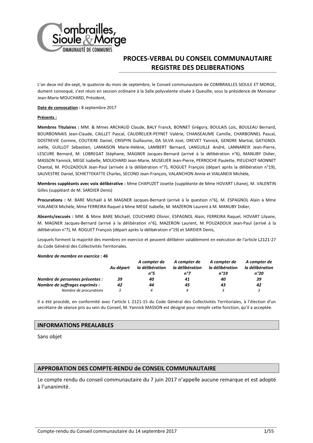 Proces-Verbal Du Conseil Communautaire Registre Des Deliberations