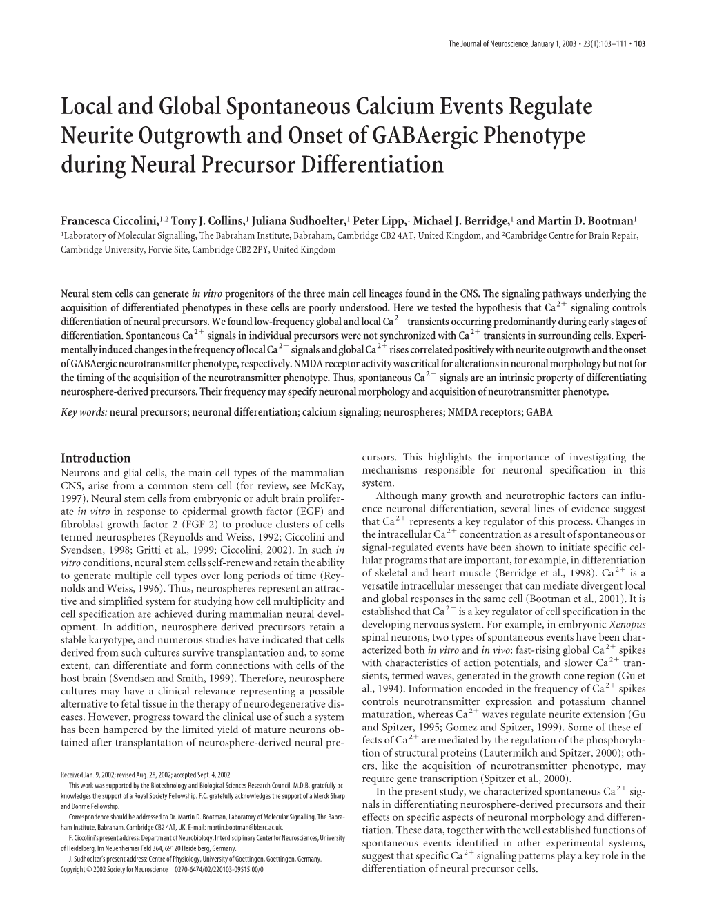 Local and Global Spontaneous Calcium Events Regulate Neurite Outgrowth and Onset of Gabaergic Phenotype During Neural Precursor Differentiation