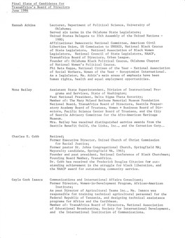 Final Slate of Candidates for Transafrica's Board of Directors June 1986 Hannah Atkins Mona Bailey Charles E. Cobb Gayla Cook Is