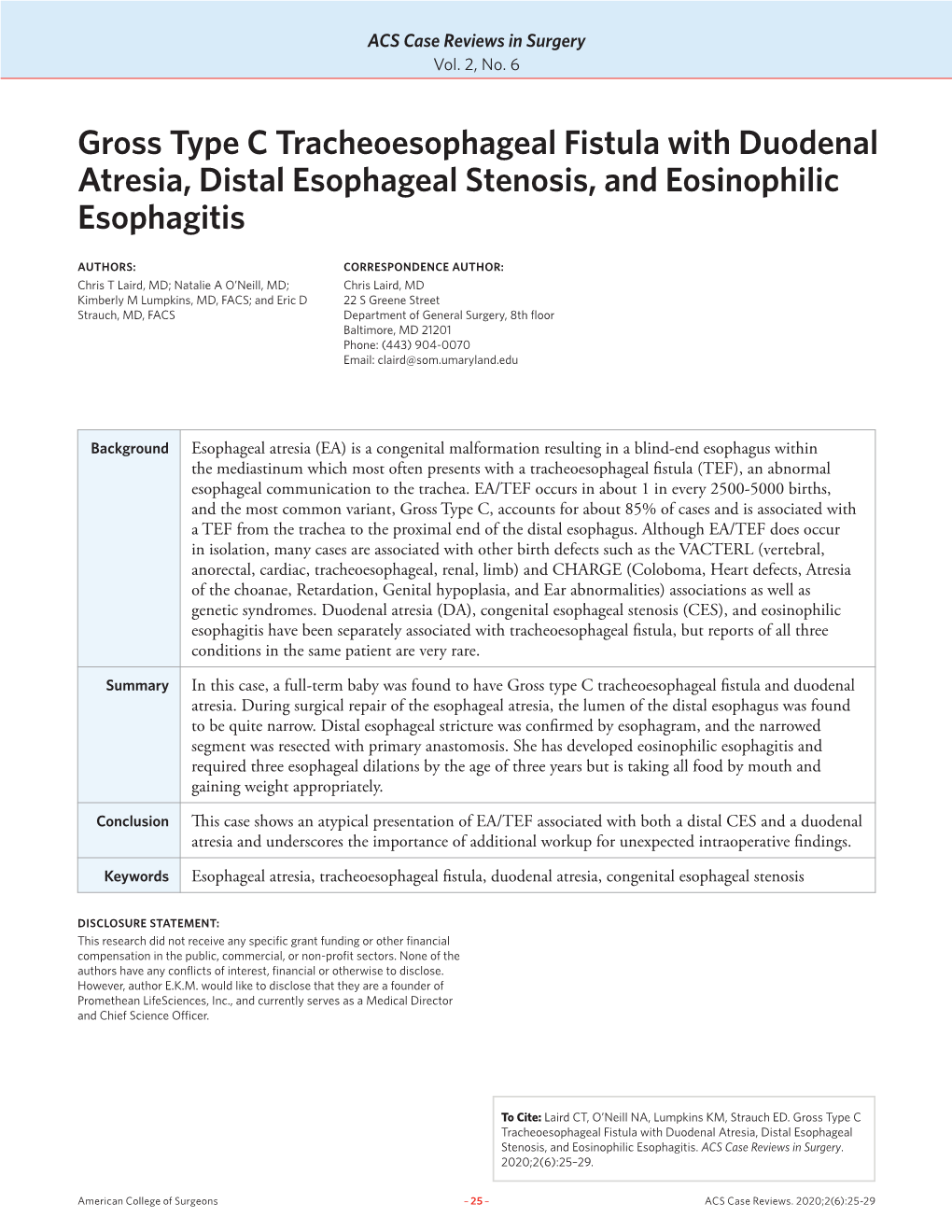 Gross Type C Tracheoesophageal Fistula with Duodenal Atresia, Distal Esophageal Stenosis, and Eosinophilic Esophagitis