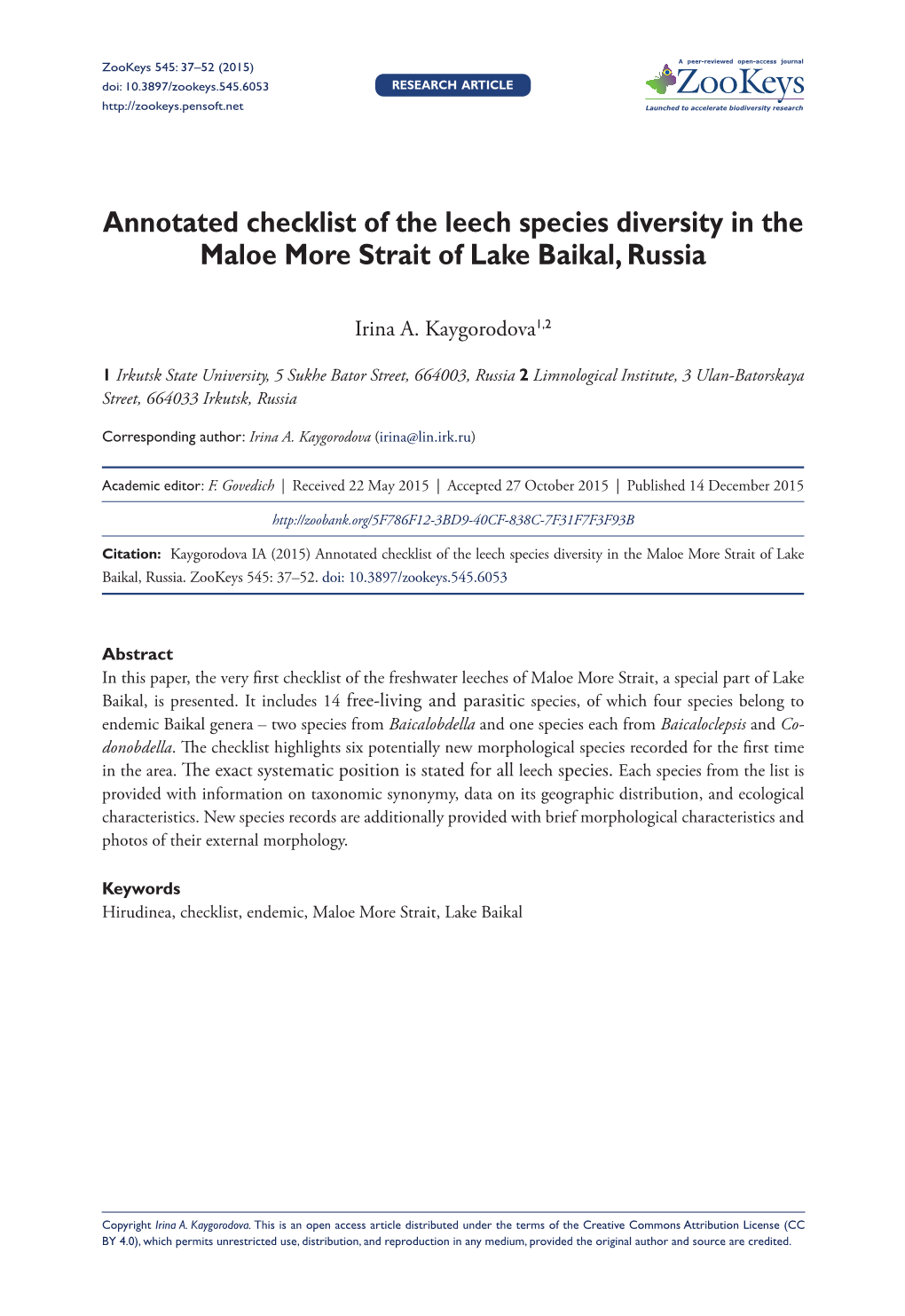 Annotated Checklist of the Leech Species Diversity in the Maloe More Strait of Lake Baikal, Russia