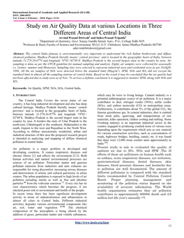 Study on Air Quality Data at Various Locations in Three Different Areas of Central India