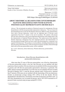 About Historical Reasons for Contemporary Slovene Dissatisfaction with Slovene Postsocialist Representative Democracy