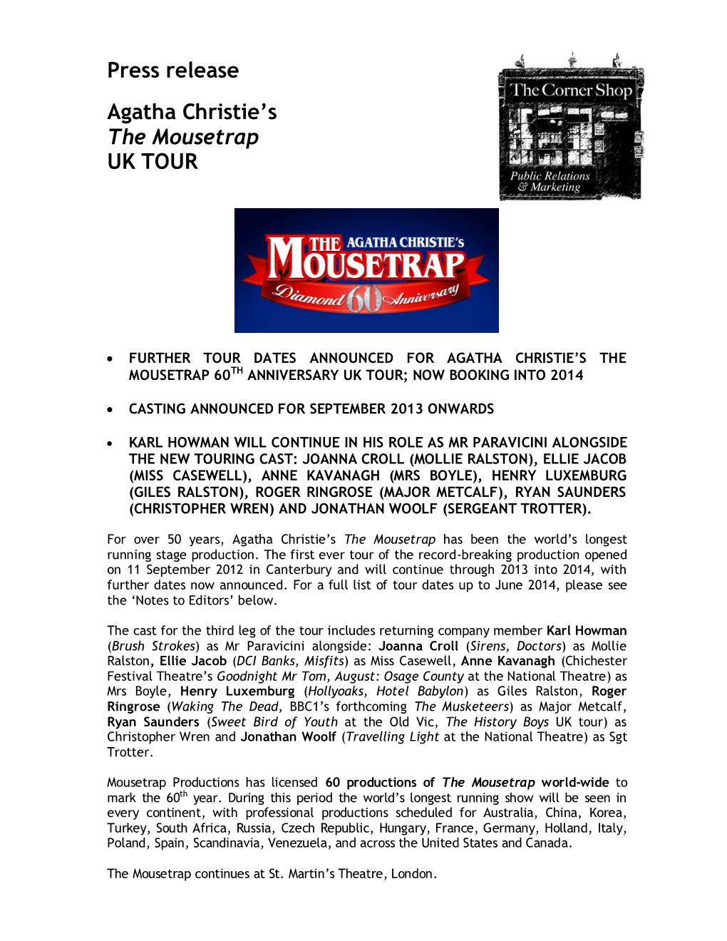Press Release Agatha Christie's the Mousetrap UK TOUR