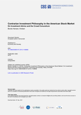 Contrarian Investment Philosophy in the American Stock Market on Investment Advice and the Crowd Conundrum Bondo Hansen, Kristian