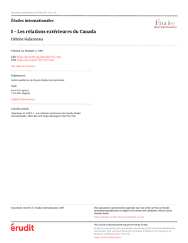 I – Les Relations Extérieures Du Canada Hélène Galarneau
