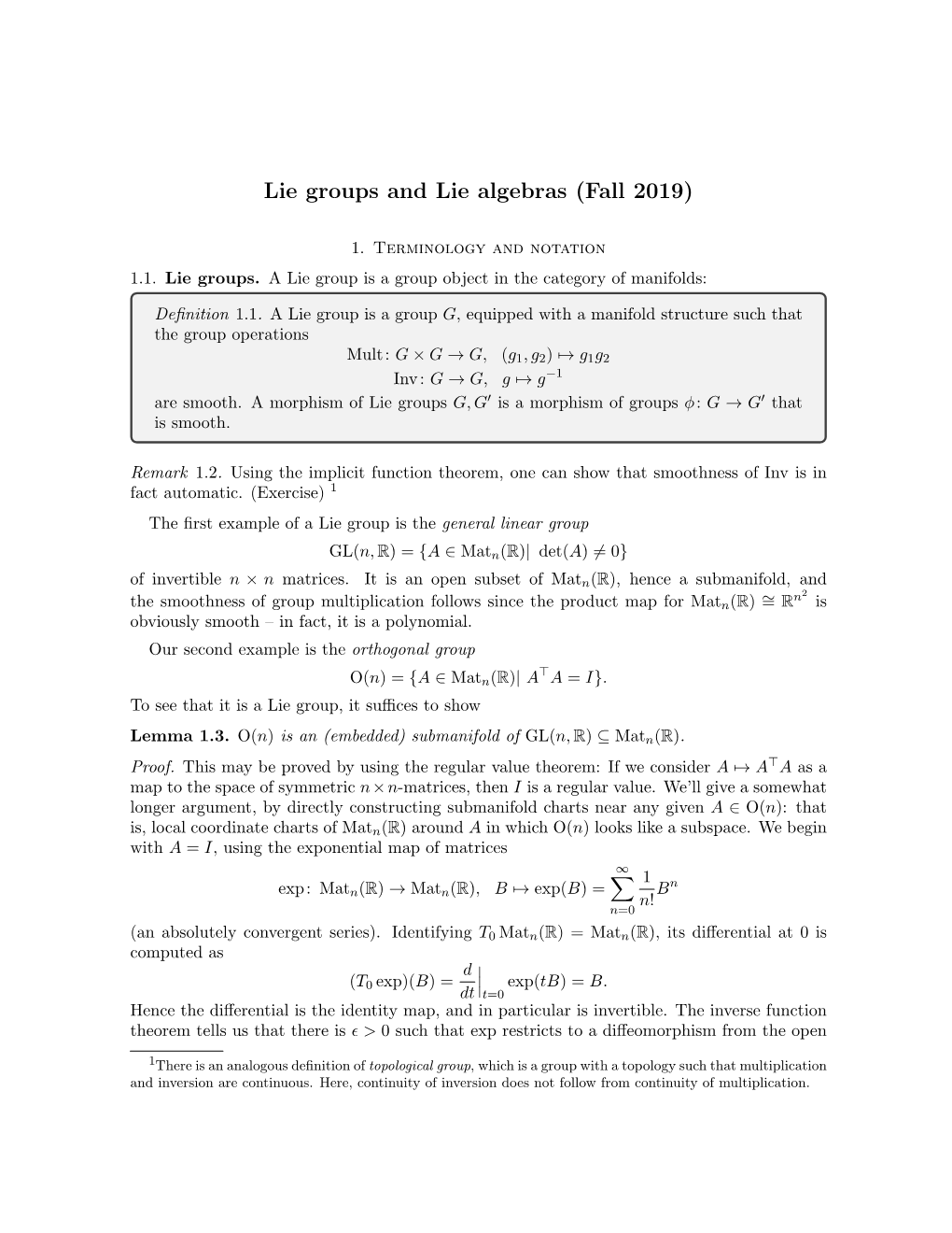 Lie Groups and Lie Algebras (Fall 2019)