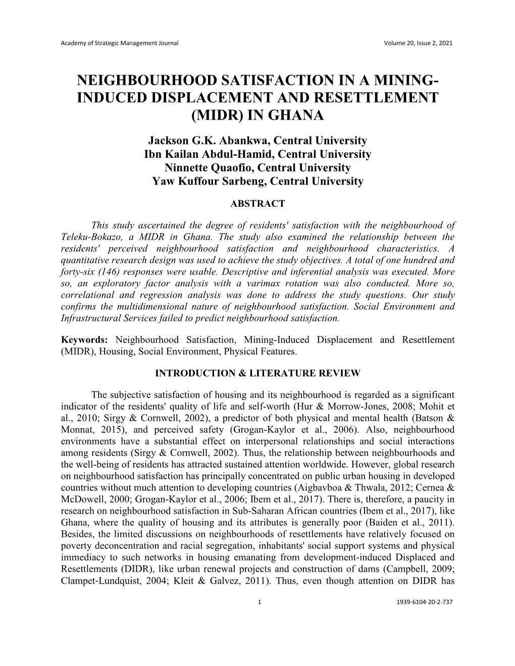 INDUCED DISPLACEMENT and RESETTLEMENT (MIDR) in GHANA Jackson G.K