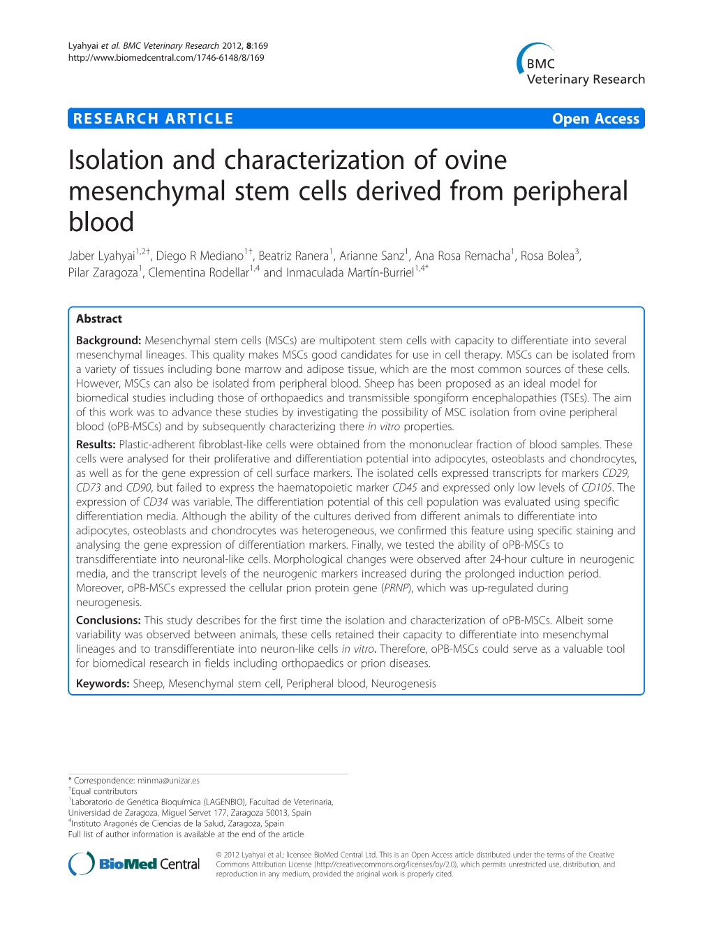 Isolation and Characterization of Ovine Mesenchymal Stem Cells Derived
