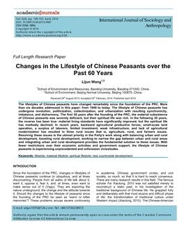 Changes in the Lifestyle of Chinese Peasants Over the Past 60 Years