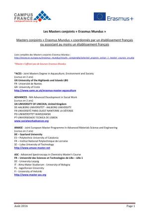 Masters Erasmus Mundus Coordonnés Par Ou Associant Un EESR Français