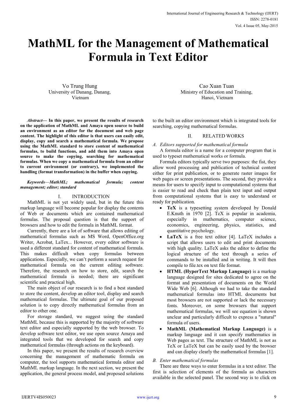 Mathml for the Management of Mathematical Formula in Text Editor