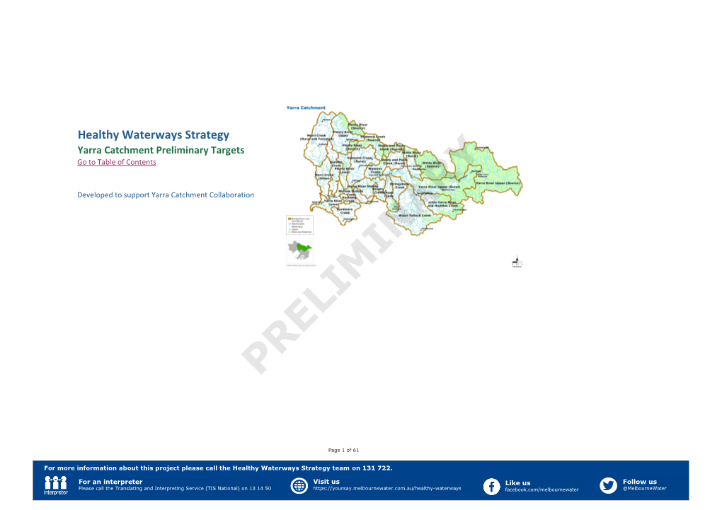 Healthy Waterways Strategy Yarra Catchment Preliminary Targets Go to Table of Contents