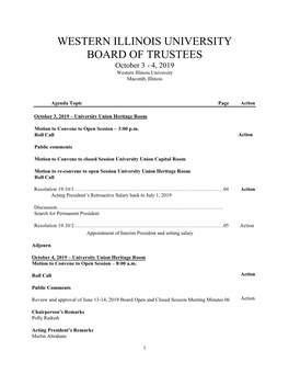 WESTERN ILLINOIS UNIVERSITY BOARD of TRUSTEES October 3 - 4, 2019 Western Illinois University Macomb, Illinois