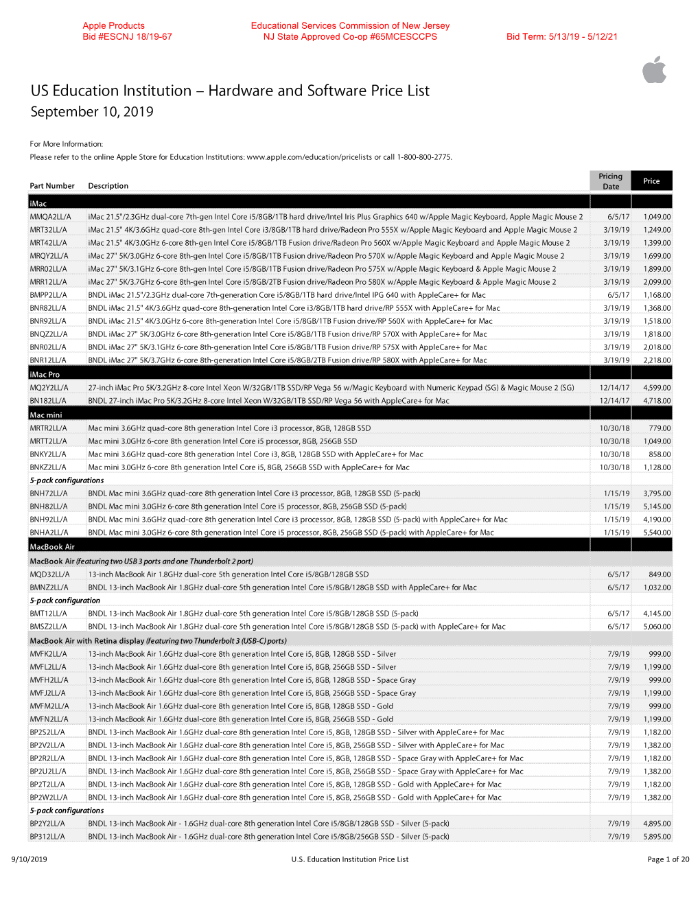 Apple US Education Institution Price List