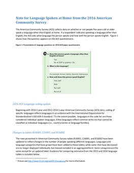 Note for Language Spoken at Home from the 2016 American Community Survey