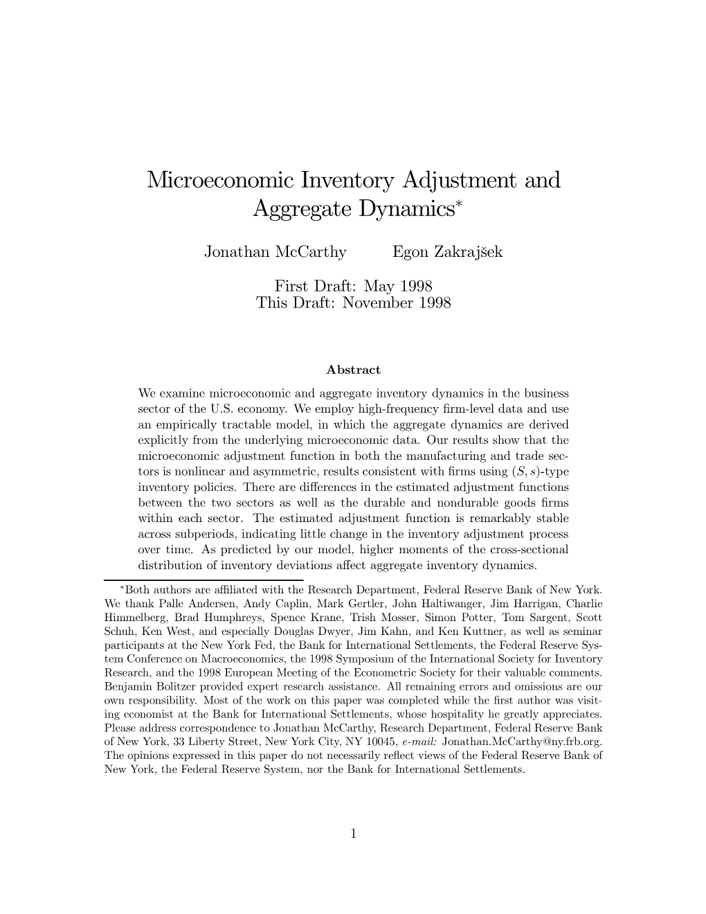 Microeconomic Inventory Adjustment and Aggregate Dynamics¤