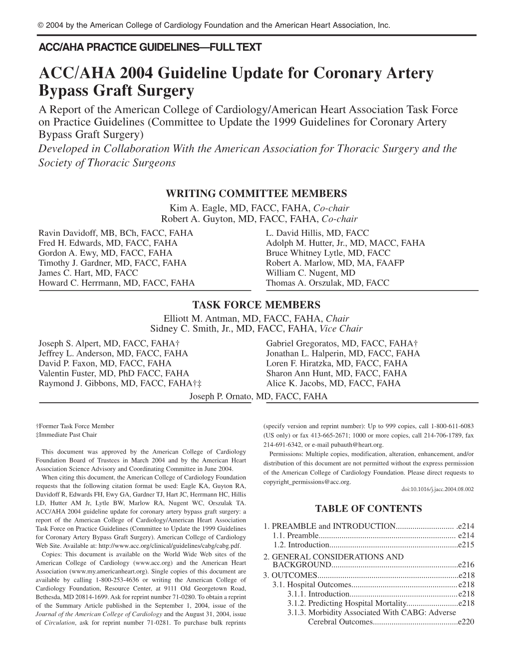 ACC/AHA 2004 Guideline Update for Coronary Artery Bypass Graft Surgery