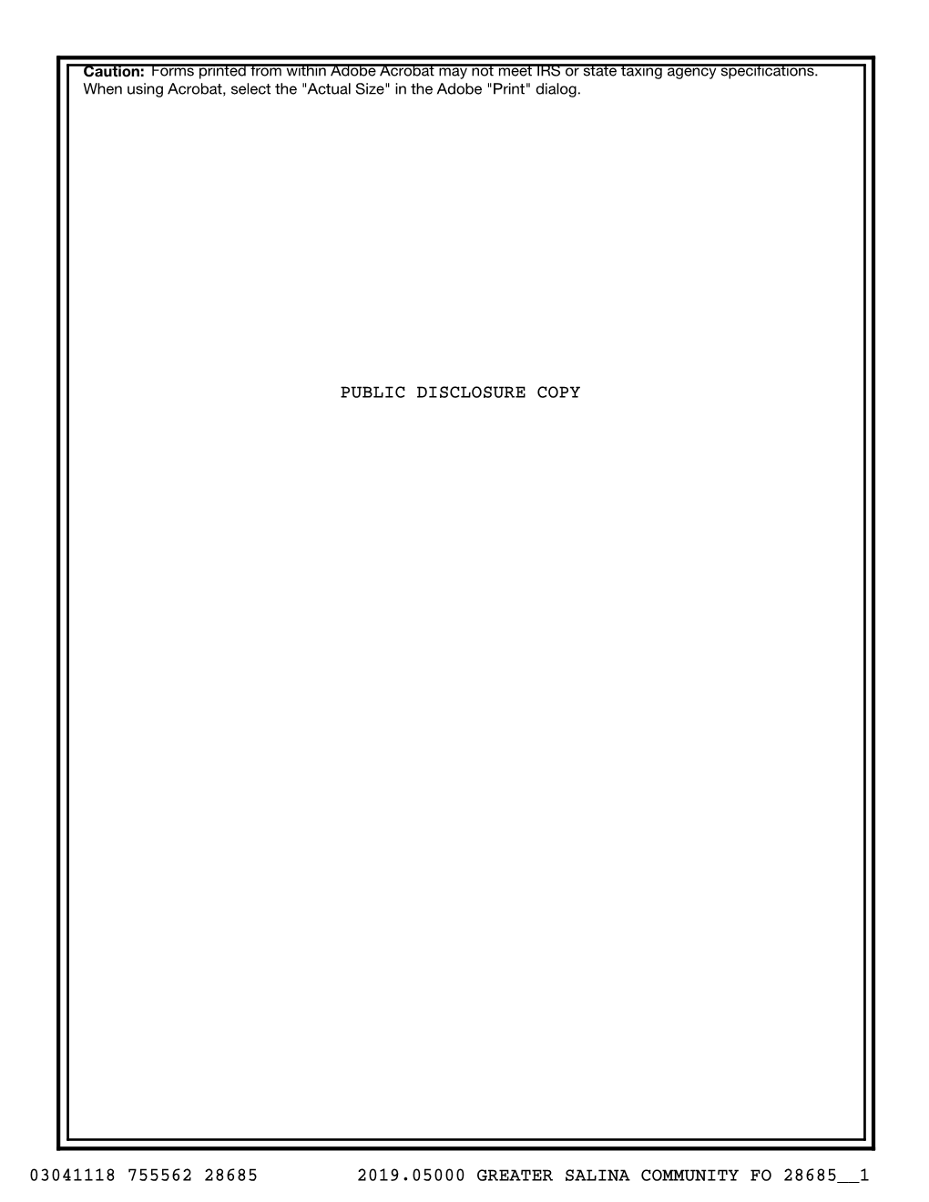 2019.05000 GREATER SALINA COMMUNITY FO 28685__1 ** PUBLIC DISCLOSURE COPY ** Return of Organization Exempt from Income Tax OMB No