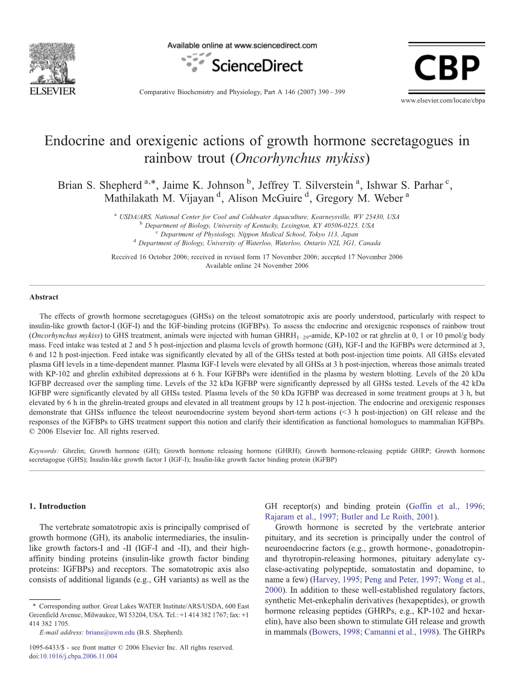 Endocrine and Orexigenic Actions of Growth Hormone Secretagogues in Rainbow Trout (Oncorhynchus Mykiss) ⁎ Brian S