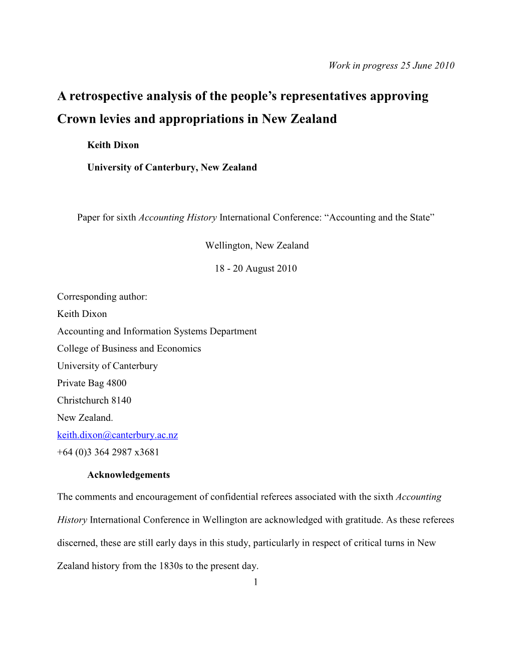 A Retrospective Analysis of the People’S Representatives Approving Crown Levies and Appropriations in New Zealand