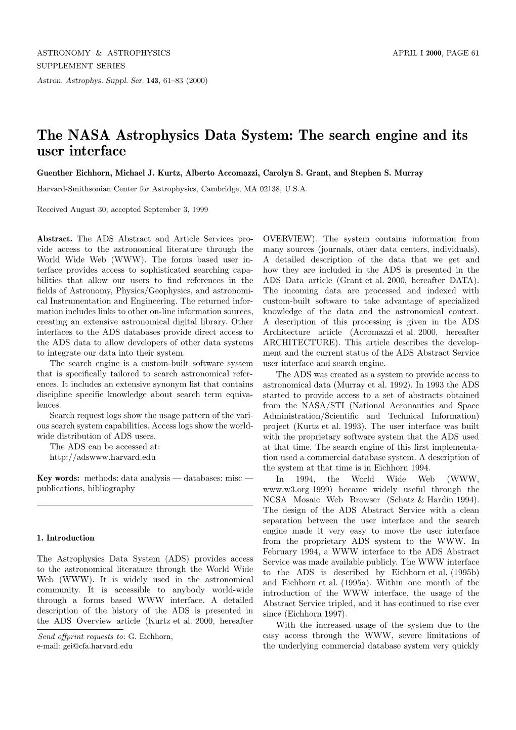 The NASA Astrophysics Data System: the Search Engine and Its User Interface