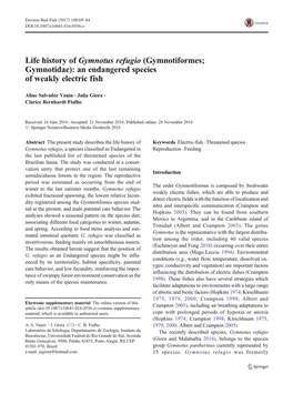 Life History of Gymnotus Refugio (Gymnotiformes; Gymnotidae): an Endangered Species of Weakly Electric Fish
