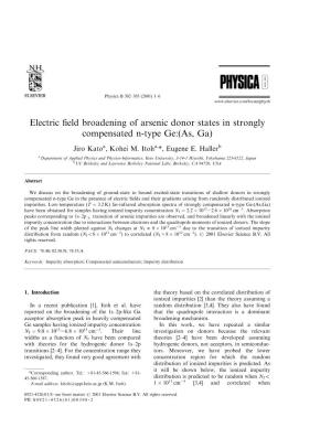Electric Field Broadening of Arsenic Donor States in Strongly