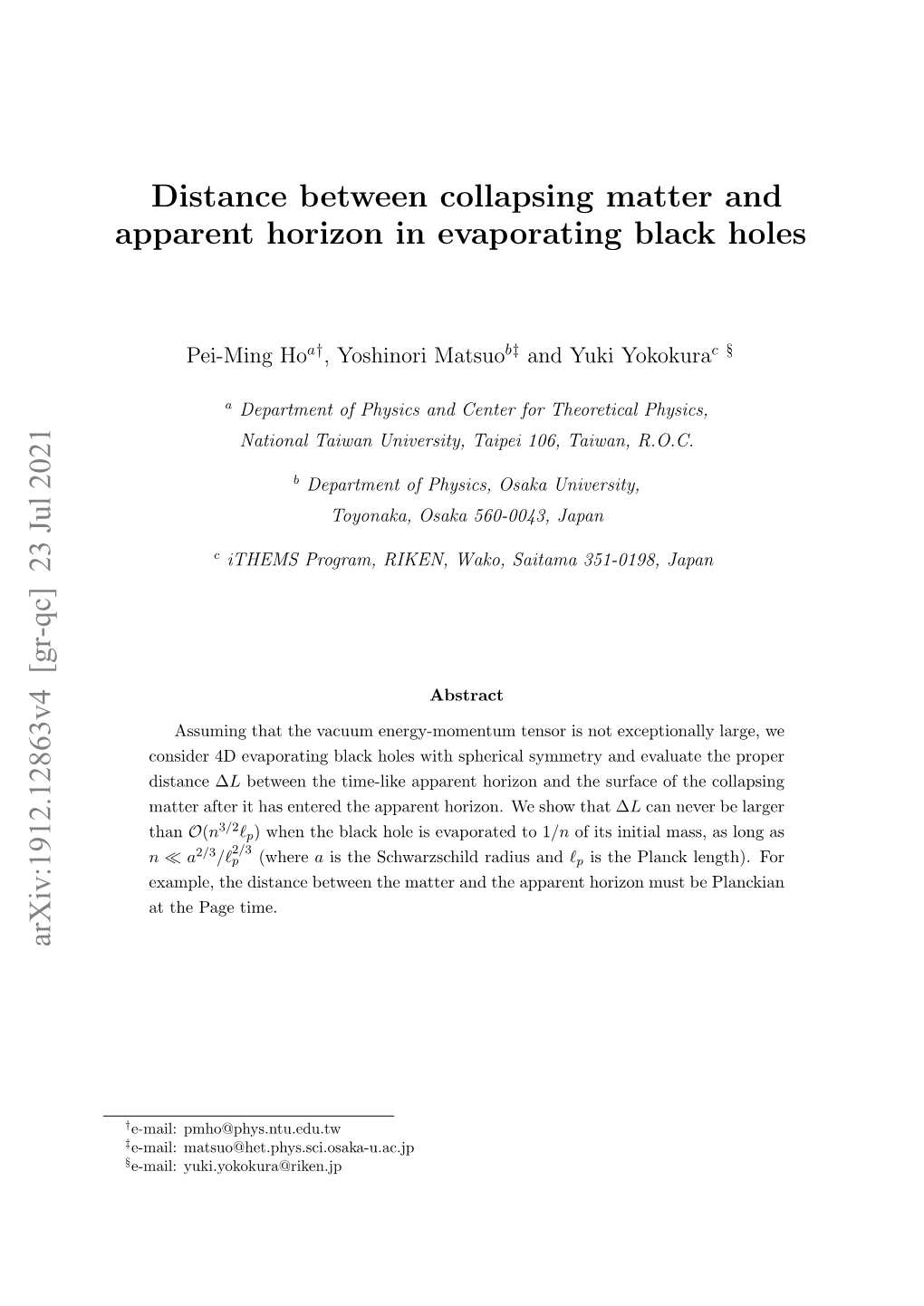 Distance Between Collapsing Matter and Apparent Horizon in Evaporating Black Holes