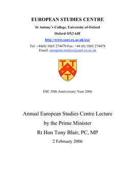 Annual European Studies Centre Lecture by the Prime Minister Rt Hon Tony Blair, PC, MP 2 February 2006