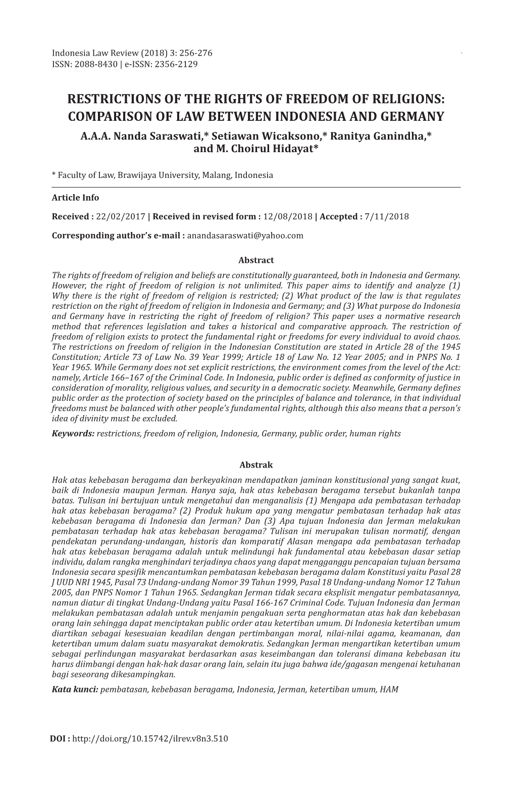 Restrictions of the Rights of Freedom of Religions: Comparison of Law Between Indonesia and Germany A.A.A