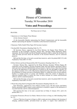 House of Commons Tuesday 30 November 2010 Votes and Proceedings