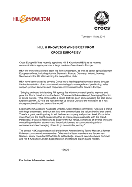 Hill & Knowlton Wins Brief from Crocs Europe Bv