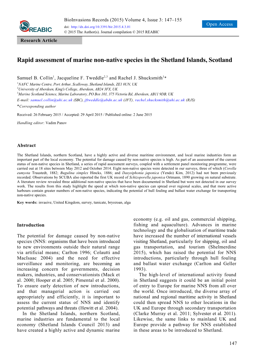 Rapid Assessment of Marine Non-Native Species in the Shetland Islands, Scotland