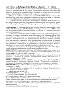 Corrections and Changes to the Diptera Checklist