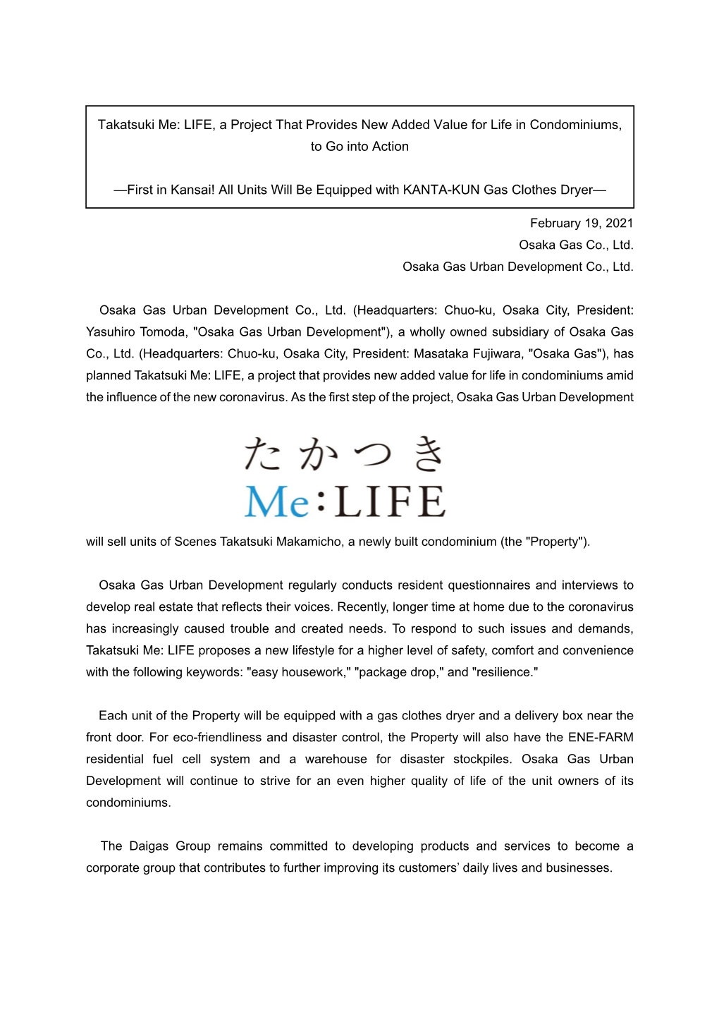 Takatsuki Me: LIFE, a Project That Provides New Added Value for Life in Condominiums, to Go Into Action